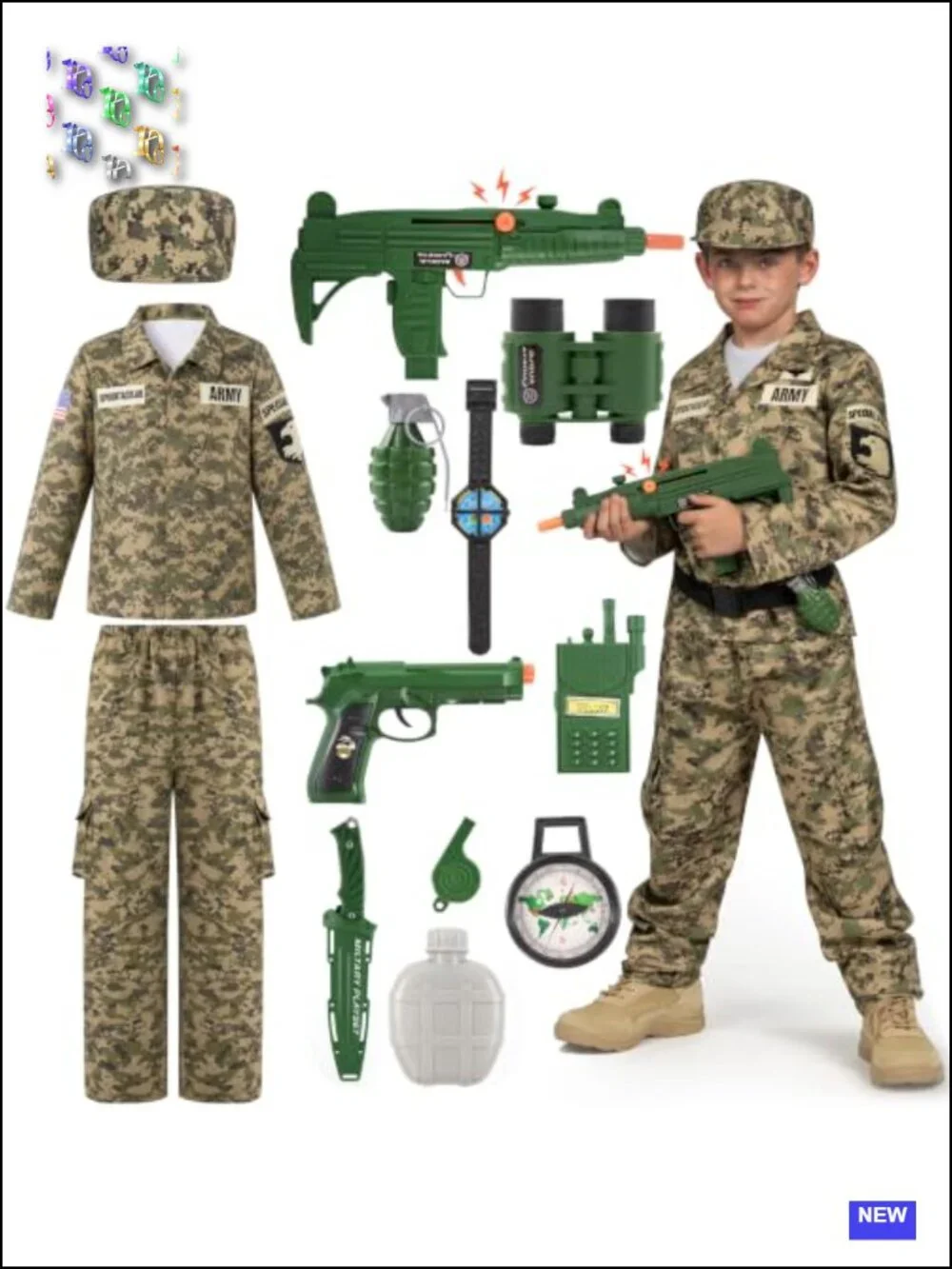 Kids Army Soldier Pretend Play Costume, 14 Piece Military Dress Up With